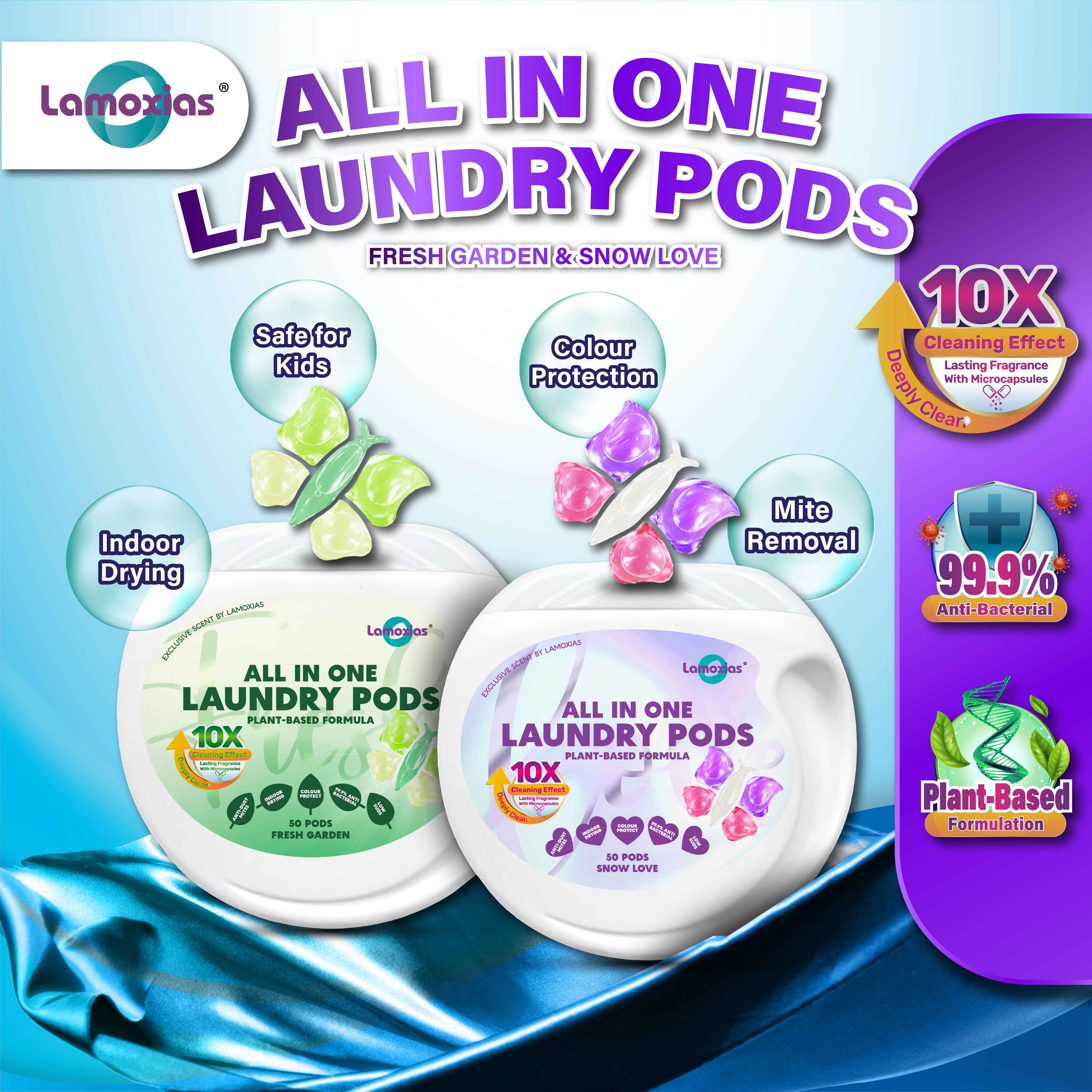 Lamoxias Laundry Capsules Detergent All In 1 Color Protection -50pods tub -Snow Love & Fresh Garden