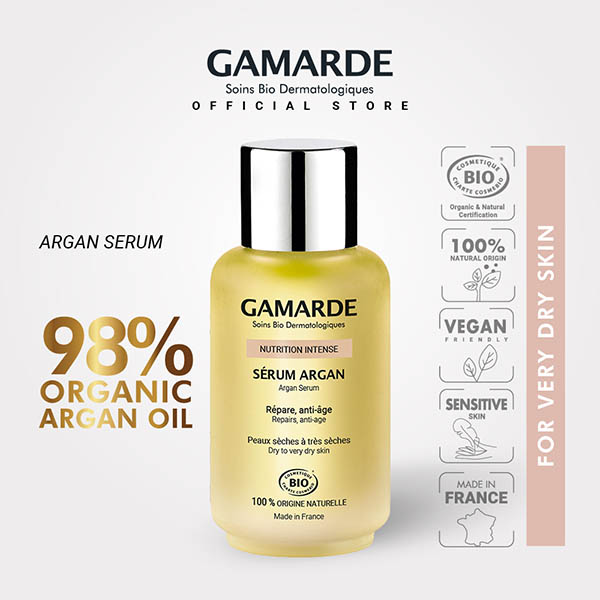 GAMARDE NUTRITION INTENSE Organic Argan Serum 30ml, with Vegetable Anti-Aging Vitamin E, For Very Dry & Sensitive Skin