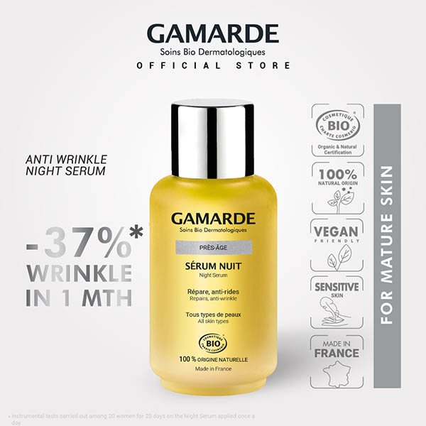 GAMARDE PRESAGE Organic Anti Ageing Wrinkle Fine Line Firming Night Serum 30ml, Antioxidant For Mature Skin (SERUM NUIT)