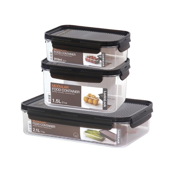 LocknLock Airtight Stackable Tritan Bisfree Modular Food Container 3P Set 910ml, 1.5L, 2.1L