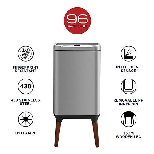 96 Avenue 13L Stainless Steel Legged Sensor Dustbin/Rubbish Bin with Soft Closing