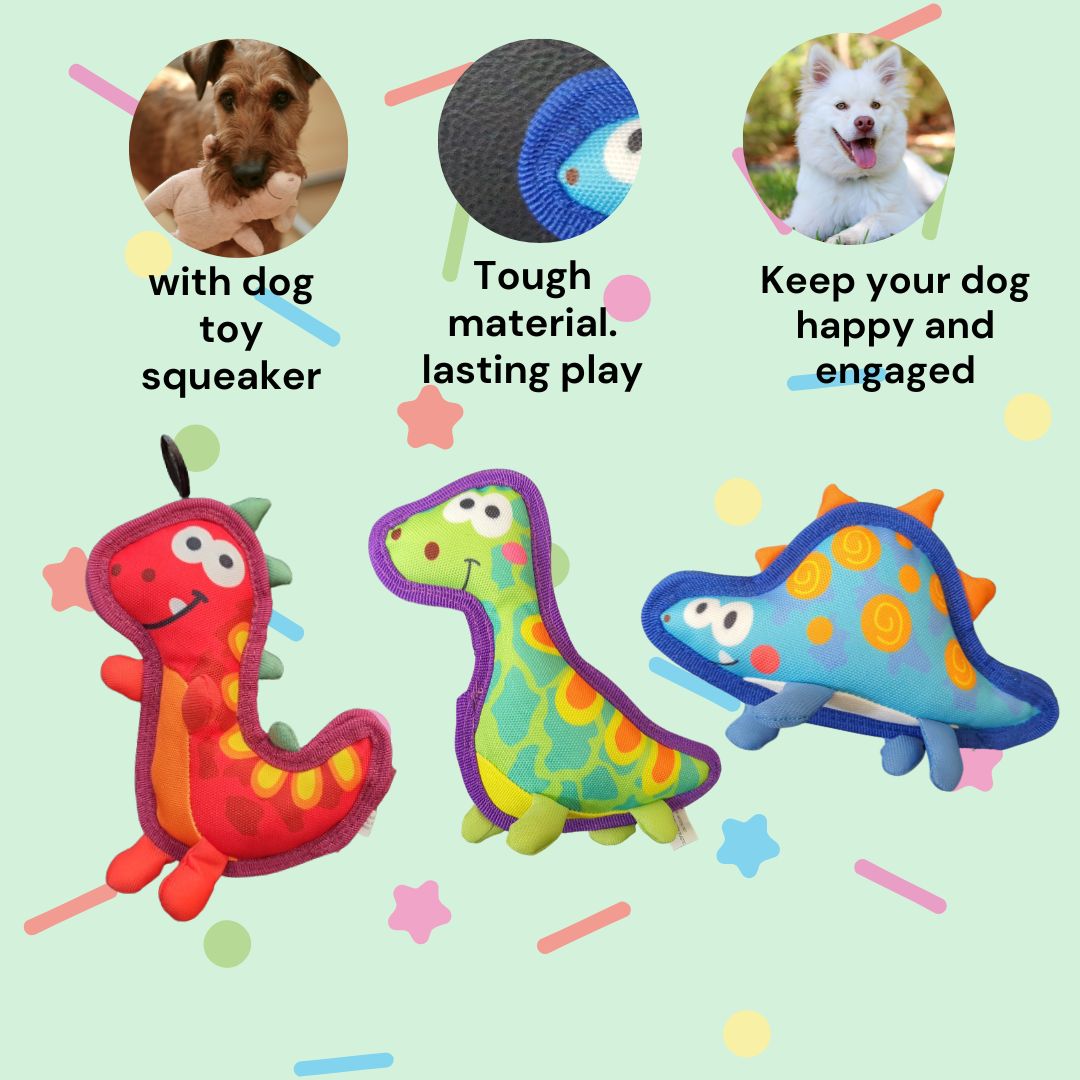 Colourful Dinosaur design Dog Squeaker Toy. Durable Oxford Material. Tough. Dog Toy, Chewing Toy