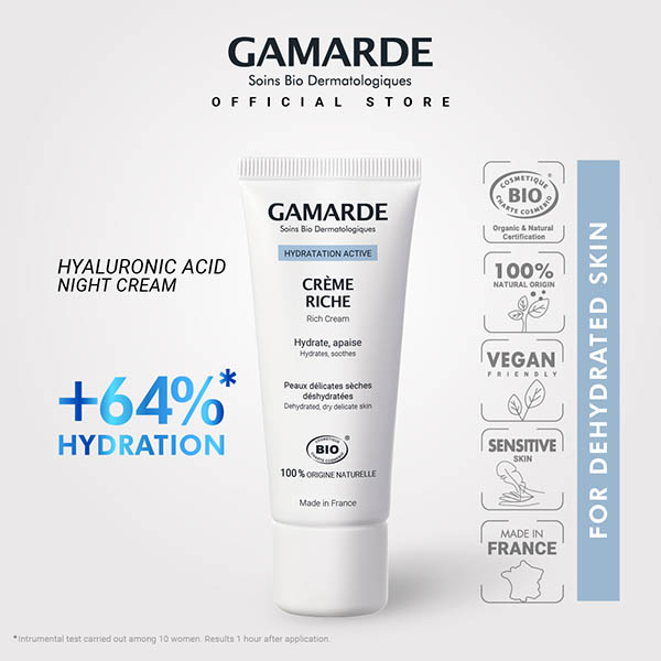 GAMARDE HYDRATATION Organic Hydrating Night Cream 40ml, Hyaluronic Acid For Normal & Sensitive Skin (CREME RICH)