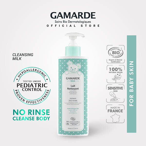 GAMARDE BEBE Organic Cleansing Milk 400ml, No Rinse, For Body Face Bottom, Normal & Sensitive Baby Skin (LAIT NETTOYANT)