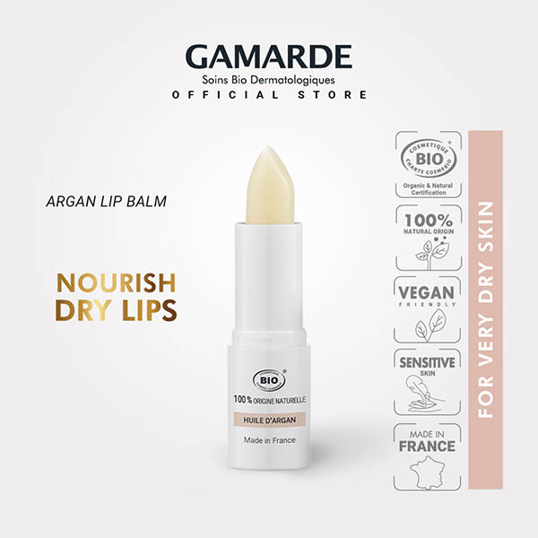 GAMARDE NUTRITION INTENSE Organic Argan Lip Balm Stick 3.8g, Comfort & Nourish Dry Lips with Vitamin E (STICK A LEVRES)