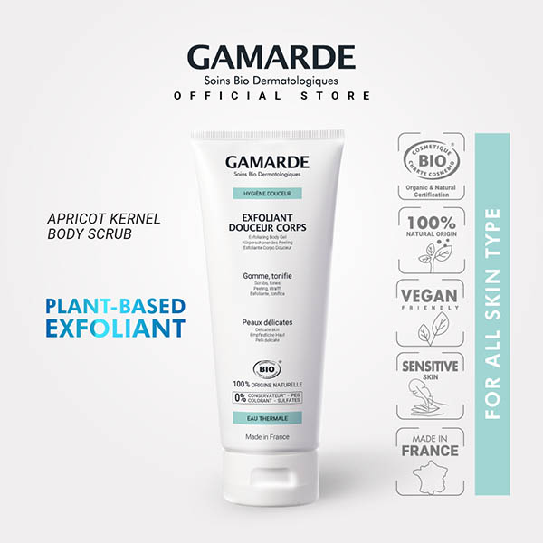 GAMARDE Organic Gentle Body Scrub 200g with Apricot Kernel, Dead Cell Exfoliator Foaming Gel  (EXFOLIANT CORPS DOUCEUR)