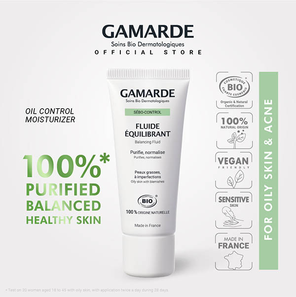 GAMARDE SEBO CONTROL Organic Oil Control Balancing Face Fluid Moisturiser 40ml For Acne & Oily Skin (FLUIDE EQUILIBRANT)