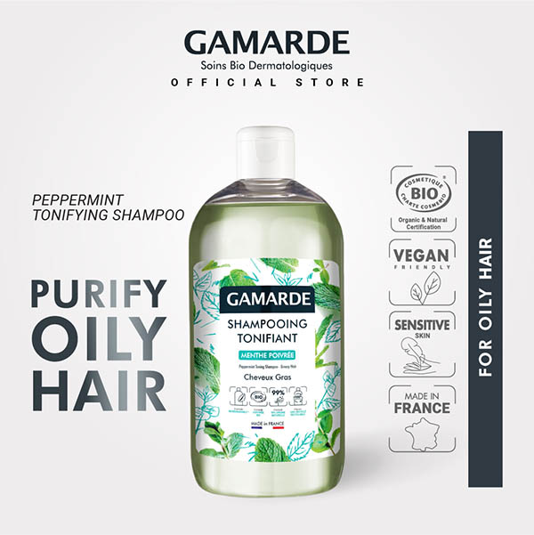 GAMARDE Organic Tonifying Shampoo 500ml with Peppermint, Cleanse and Purify Oily Hair & Scalp (SHAMPOOING TONIFIANT)