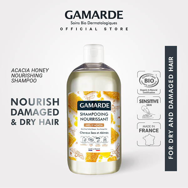 GAMARDE Organic Nourishing Shampoo 500ml with Acacia Honey, Repair & Nourish Dry Damaged Hair (SHAMPOOING NOURRISSANT)