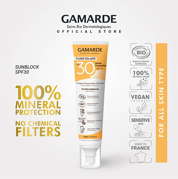 GAMARDE Organic Face & Body Sunblock SPF 30 100ml, Anti UVA/UVB, 100% Mineral Filters, For Normal & Sensitive Skin